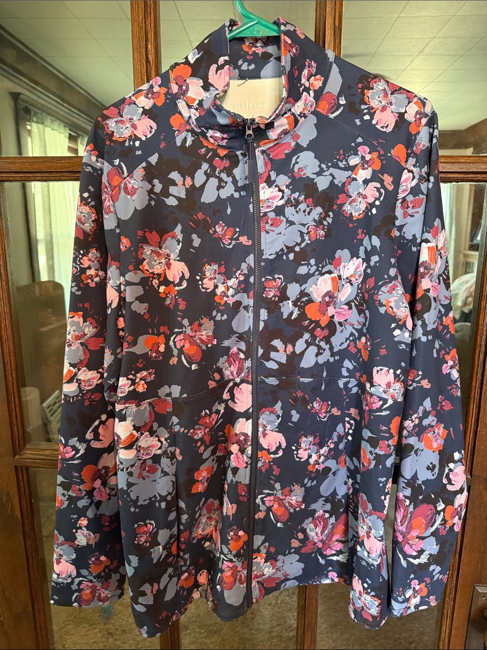 cg l cg Women 1X Navy Floral Full Zip Mock Neck Athletic Activewear Jacket